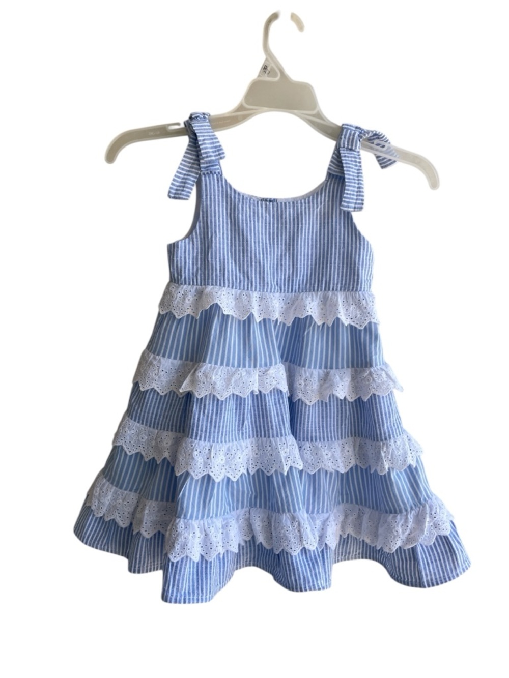 Rare Editions Blue White Seersucker Striped Dress Lace Tiered A-Line Girl's 4